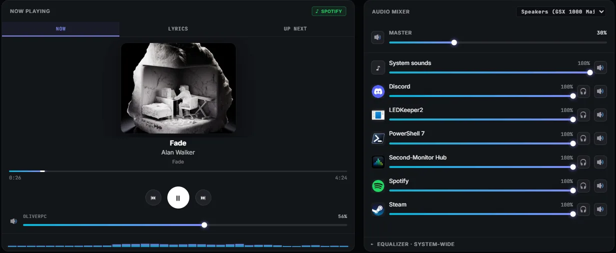 Now-playing tile with album art, transport controls and a live level strip, next to the audio mixer tile with per-app volume sliders.