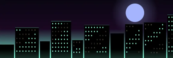 City visualizer scene: a skyline of buildings whose windows light with the music.