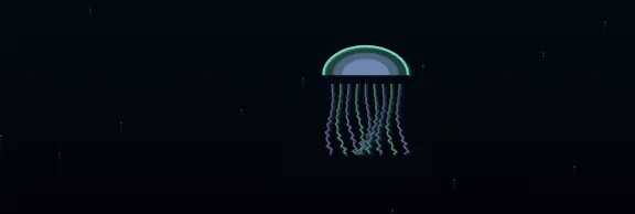 Jellyfish visualizer scene: a neon jellyfish trailing tendrils through the dark.